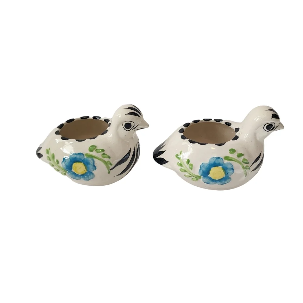 2 Mexican Ceramic Birds Blue Green Floral Print 3D Planters Hand Painted